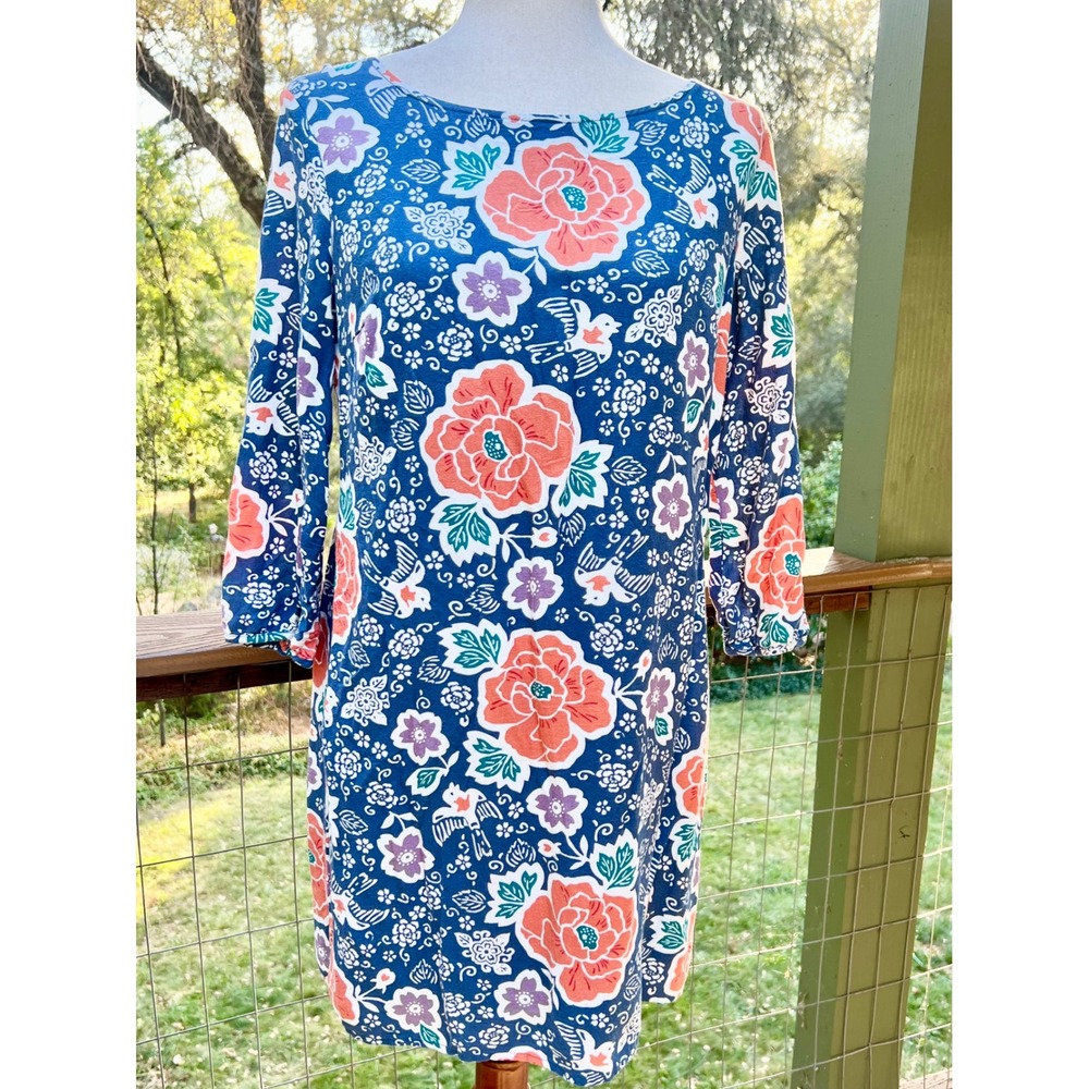 Old Navy Womens Blue Floral Bird Print Shift Dress 3/4 Sleeve Size M Folklore